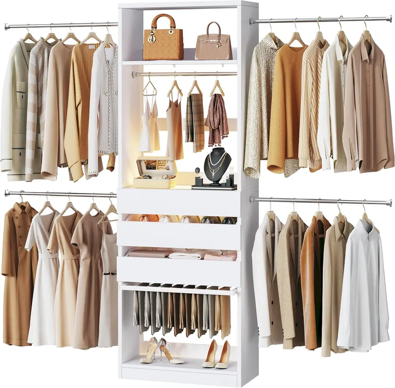 HUAHUU 4-8FT Closet Organizer with 3 Wood Drawers & Glass Top