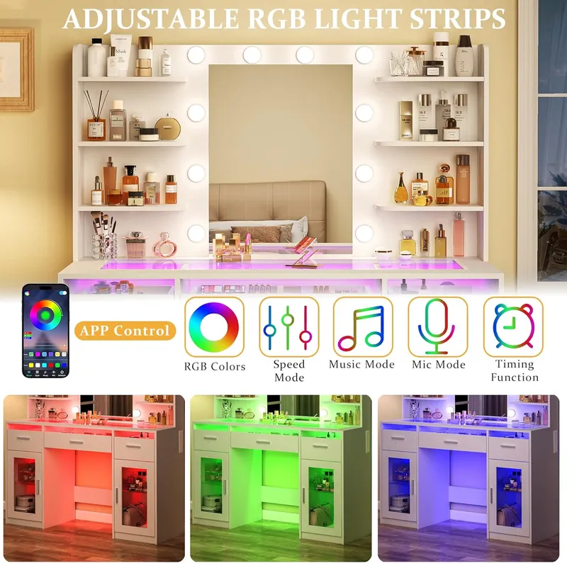 HUAHUU Makeup Vanity Desk with Mirror and Lights 3 Colors