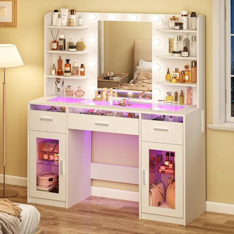 HUAHUU Vanity Desk, Makeup Vanity Desk with Mirror and Lights 3 Colors