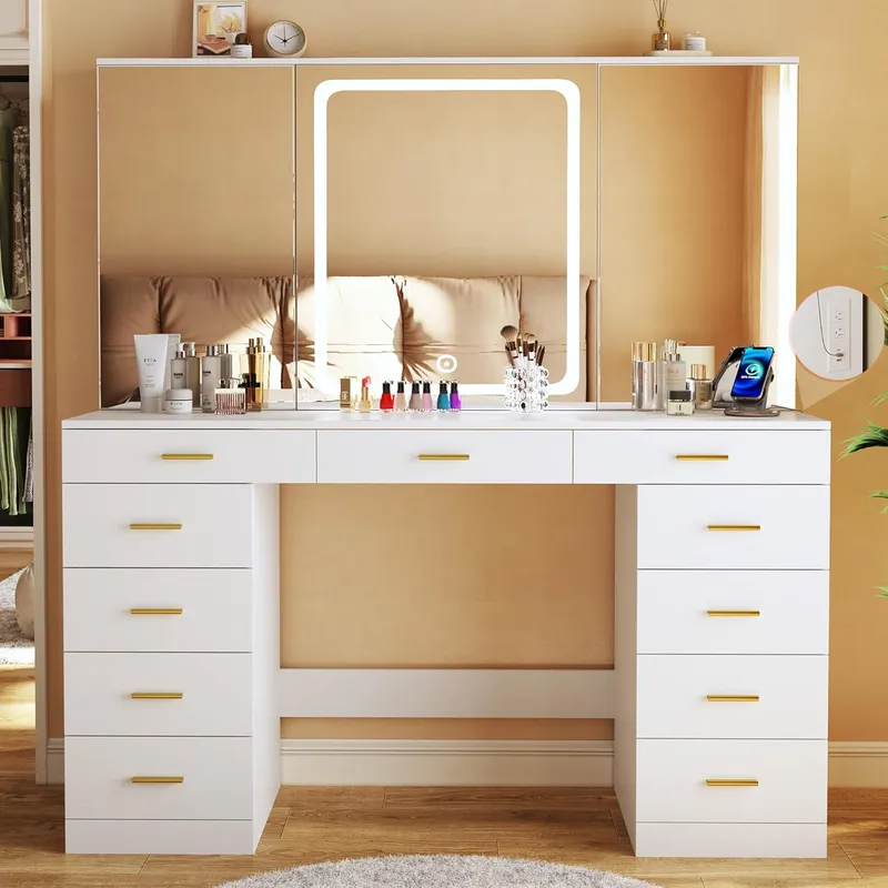 HUAHUU Vanity Desk with 11 Storage Drawers and Hidden Storage Shelves