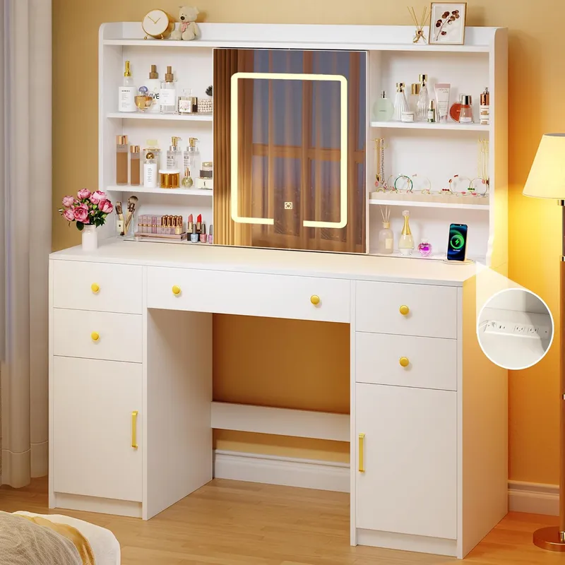 HUAHUU Vanity Desk with LED Lights & Sliding Mirror