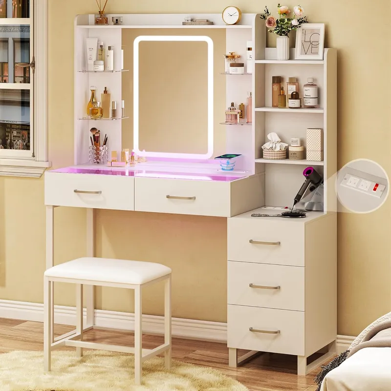 HUAHUU Vanity Desk with Mirror and LED Lights
